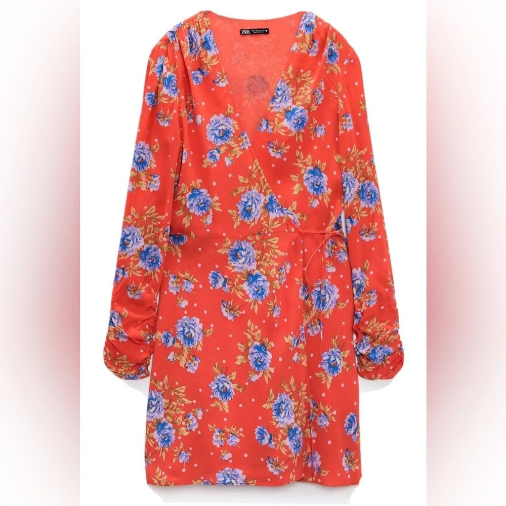 Zara Womens Red Floral V Neck  Wrap Ruched Long Sleeve Dress size S